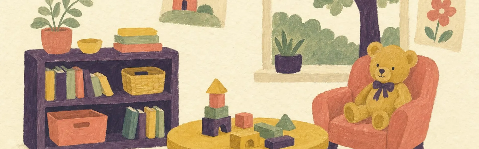 Illustration eines Kinderspielzimmers mit Teddybär im rosa Sessel, Holzbausteinen auf einem gelben Tisch, Bücherregal, Wimpelkette und Fenster mit Baumblick.