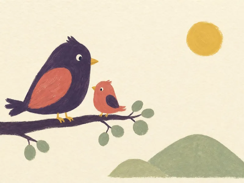 Illustration eines großen dunkelvioletten und eines kleinen roten Vogels auf einem Ast, dahinter eine gelbe Sonne und grüne Hügel.