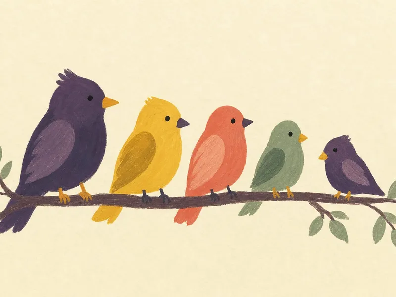 Illustration von fünf bunten Vögeln in Lila, Gelb, Orange, Grün und Violett, die nebeneinander auf einem Ast mit Blättern sitzen.