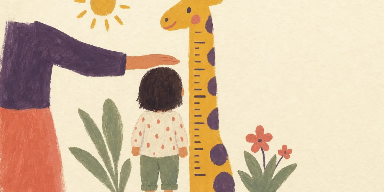Illustration: Eine Hand misst ein kleines Kind von hinten an einer Giraffen-Messlatte, umgeben von Pflanzen, Blumen und einer Sonne.
